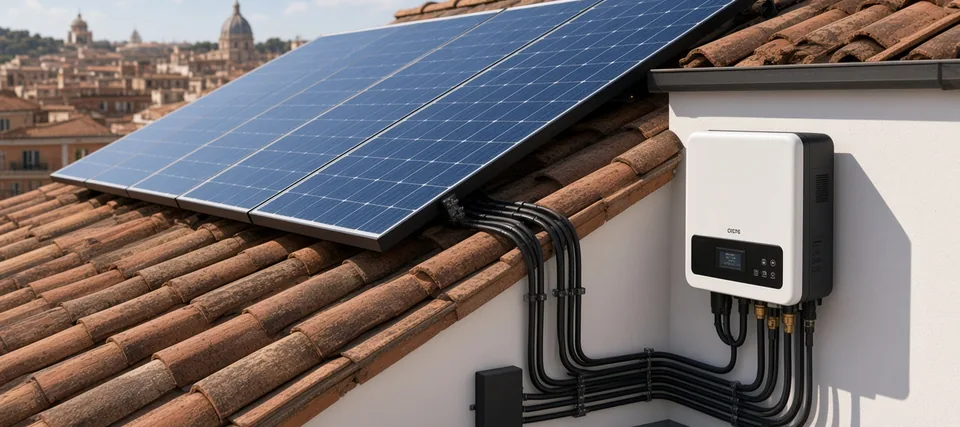 Impianto fotovoltaico su tetto con tegole e inverter a parete