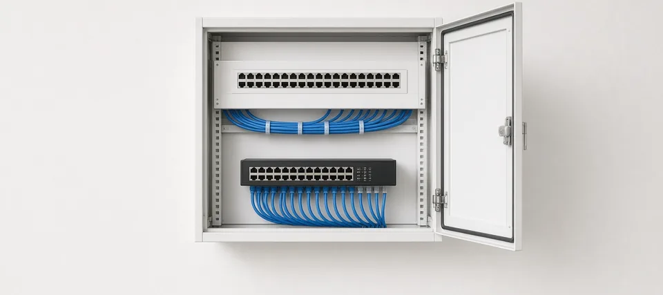 Armadio di rete LAN aperto, con patch panel e cavi ethernet